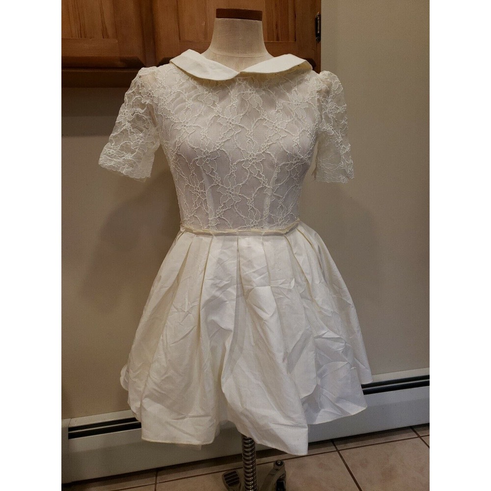 Vintage Jones + Jones Cream Lace Tulle Dress Mesh See Through Prom Party Collar